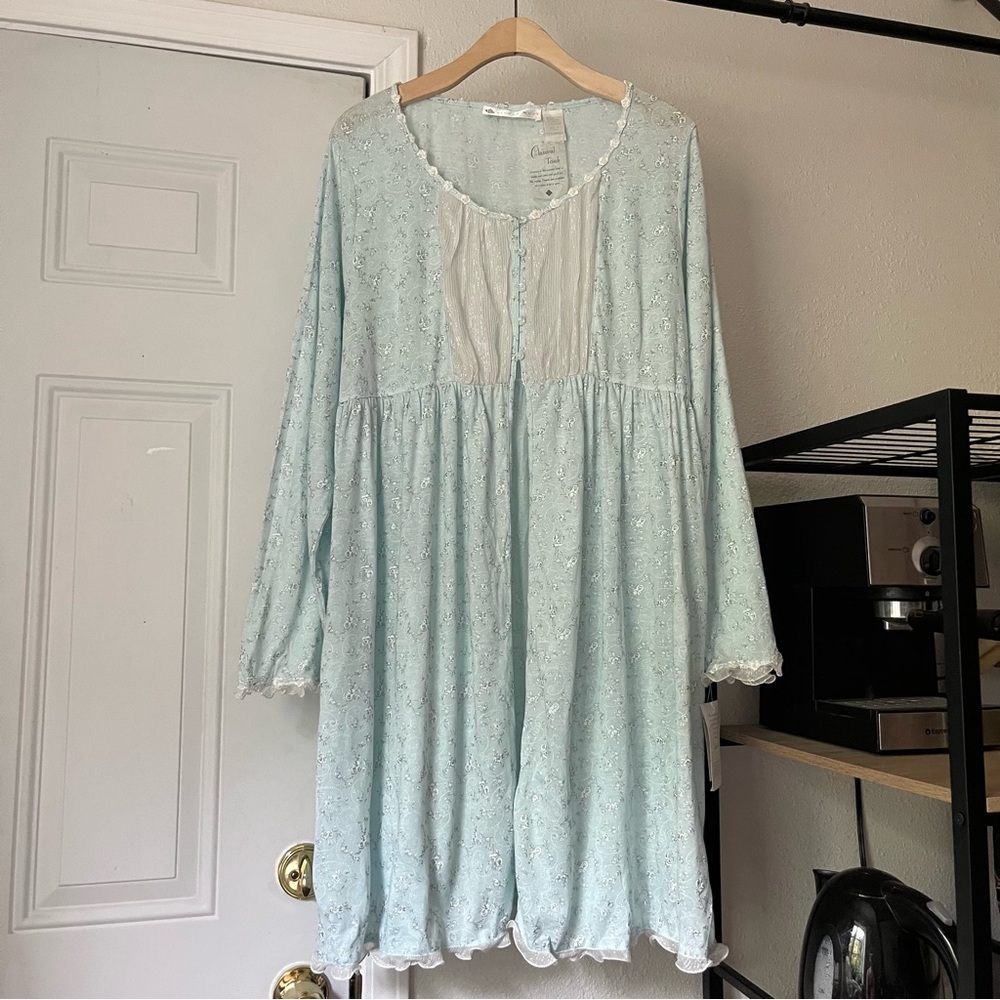 NWT EILEEN WEST dusty blue floral beaded ruffle trim metallic stripe nightgown